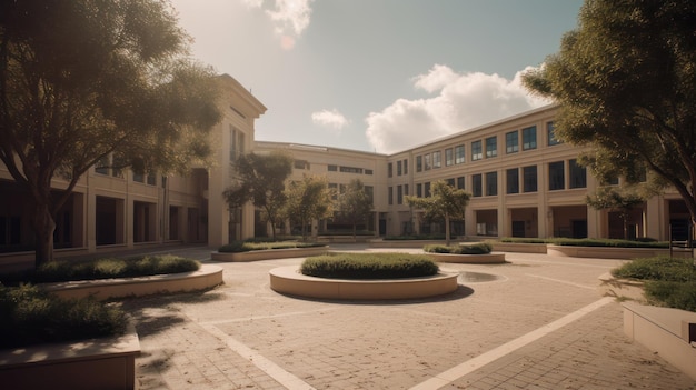 A courtyard with a tree in the middle and a building with a sky background