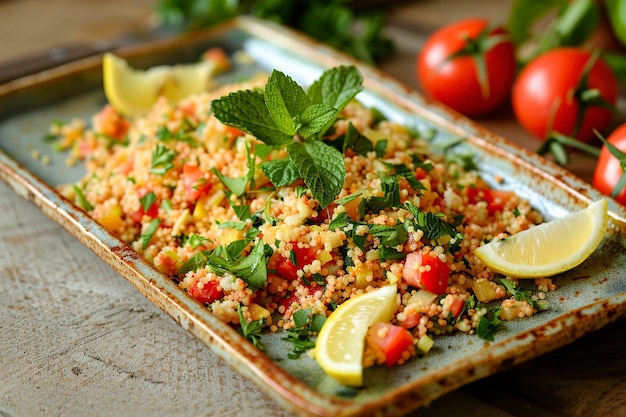 Photo couscous dish with lemons tomatoes and parsley