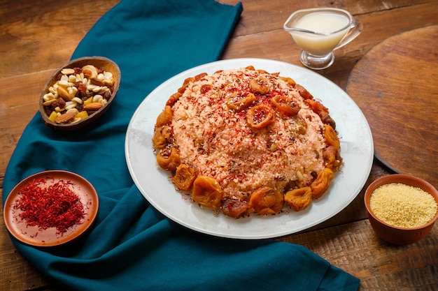 Couscous masfouf with dried fruits and nuts on a wooden table next to almond milk and nuts