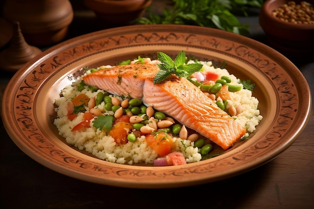 Couscous with grilled salmon and beans