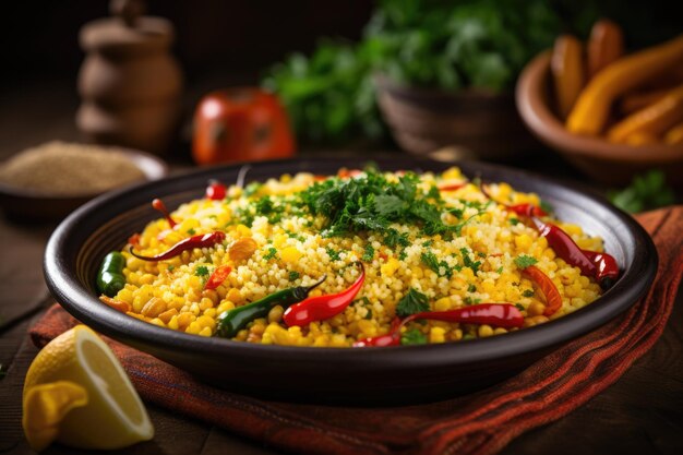 Couscous with vegetables and herbs on a dark rustic wooden background