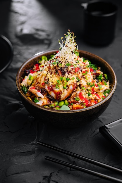 Couscous with Vegetables Seafood and Tobiko Caviar