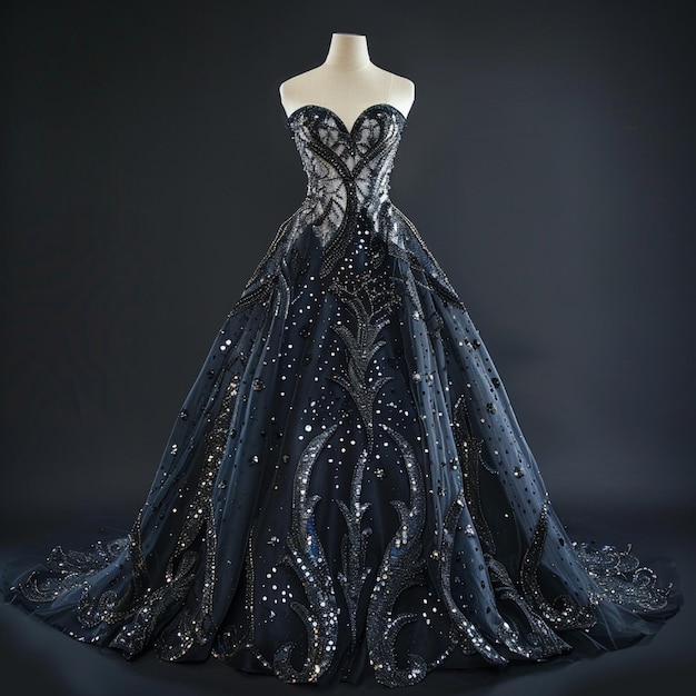 a couture evening gown with intricate beadwork luxurious fabrics and a dramatic silhouette