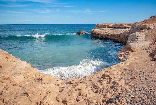 Cove with sand and emerald ocean beach Canary Islands Spain Vacation and travel concept