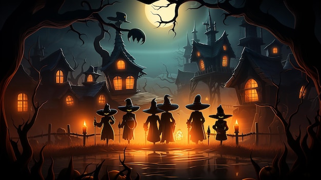 a coven of witches flying Halloween background Ai generated