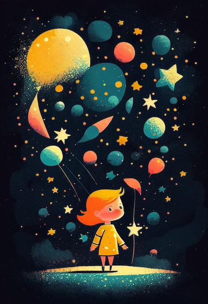 Cover book of kid standing on universe with cute little stars Created with Generative AI technology