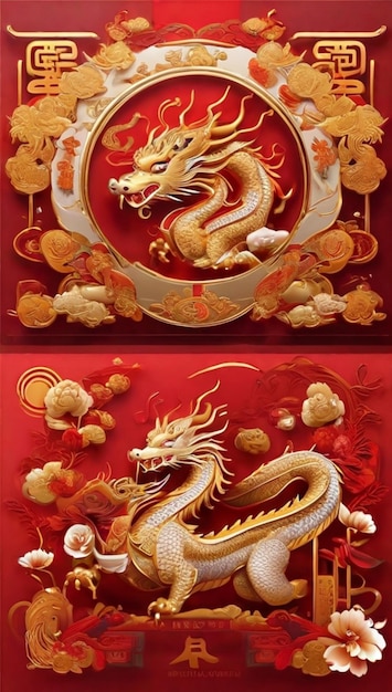 The cover of the Chinese New Year greeting card is red with a golden dragon