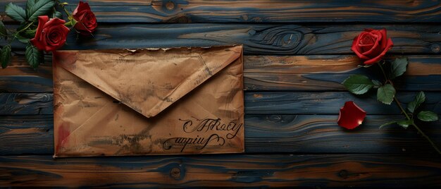 The cover of the envelope has roses on a wooden background The top view is flat