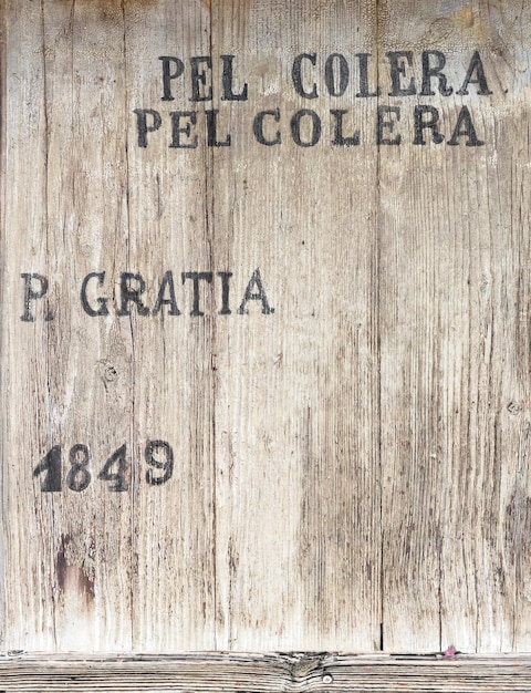 Foto copertura di una bara di legno con un memoriale per le morti del colera del 1849