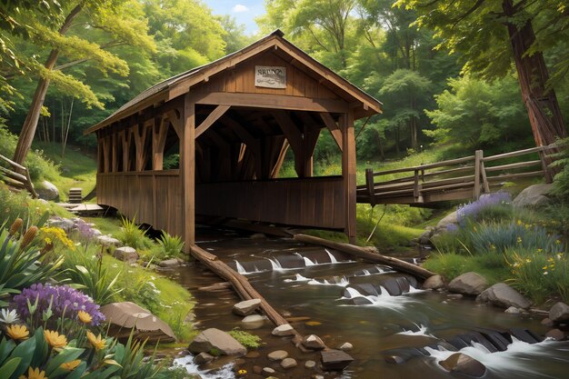 a covered covered bridge in the woods