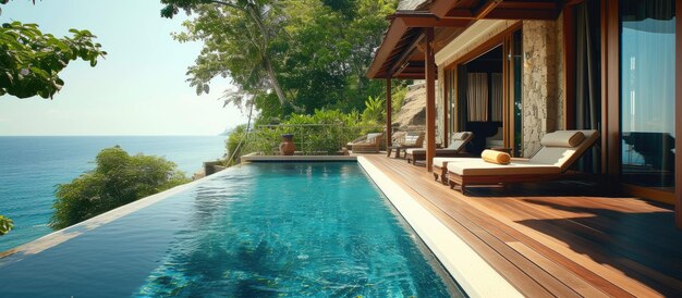 Photo covered outdoor pool with teak deck and exotic flooring stripes around the blue water