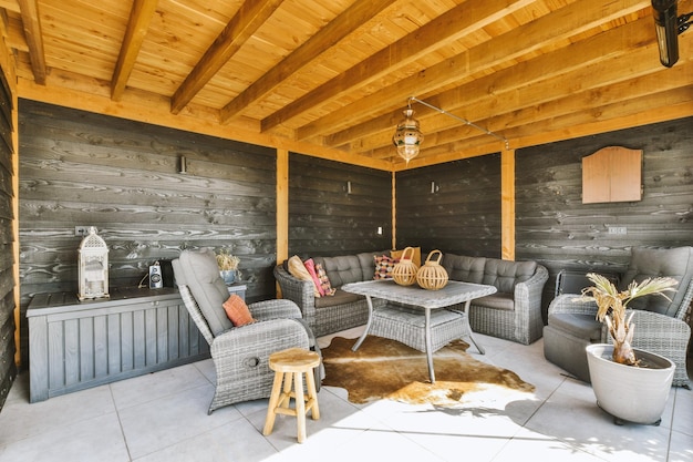 A covered patio with couches and a table