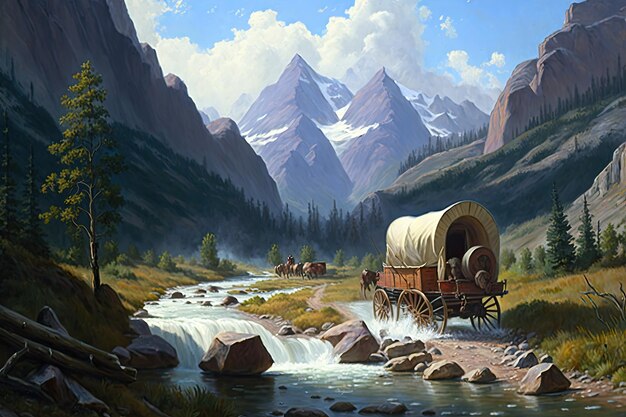 Covered wagon crossing mountain stream with the view of a rugged wilderness in the background