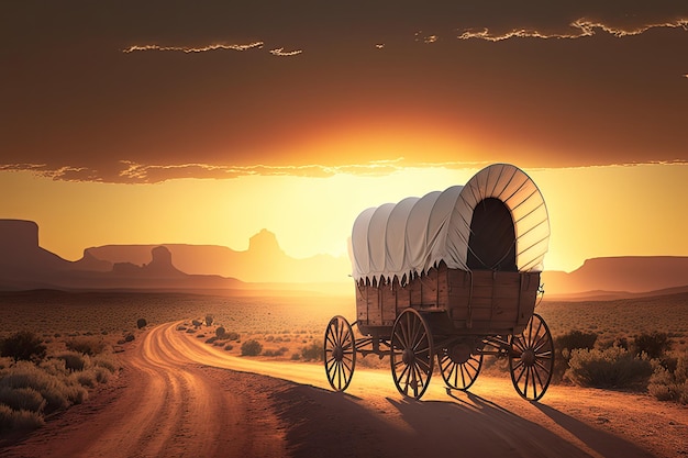 Covered wagon on a desolate highway with the sun setting in the distance