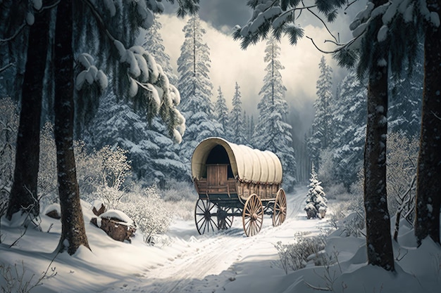 Covered wagon speeding through snowcovered forest