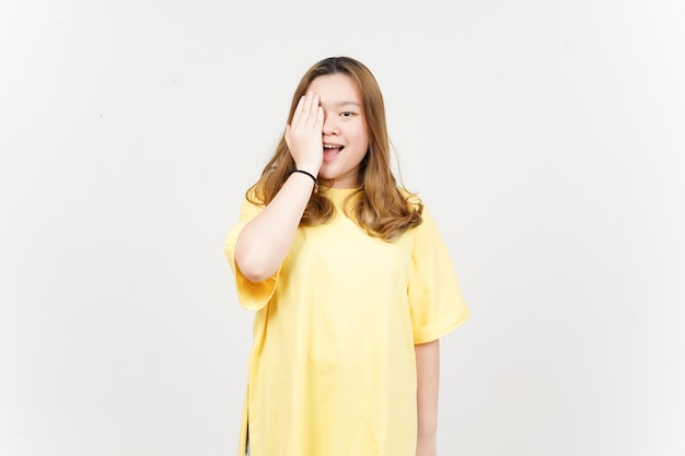 Covering half face of Beautiful Asian Woman wearing yellow TShirt Isolated On White Background