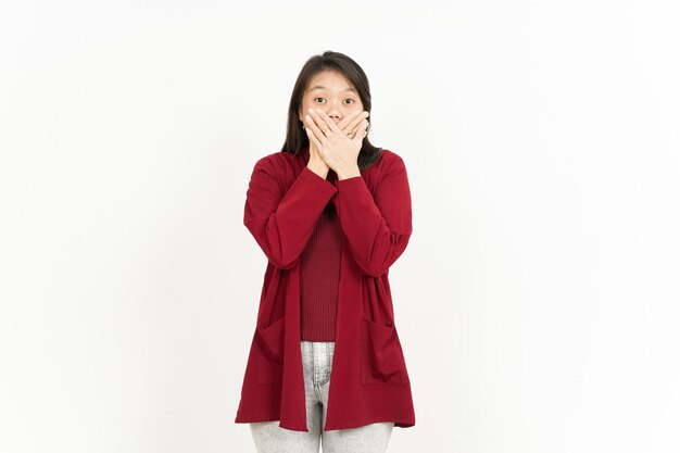 Covering Mouth Of Beautiful Asian Woman Wearing Red Shirt Isolated On White Background