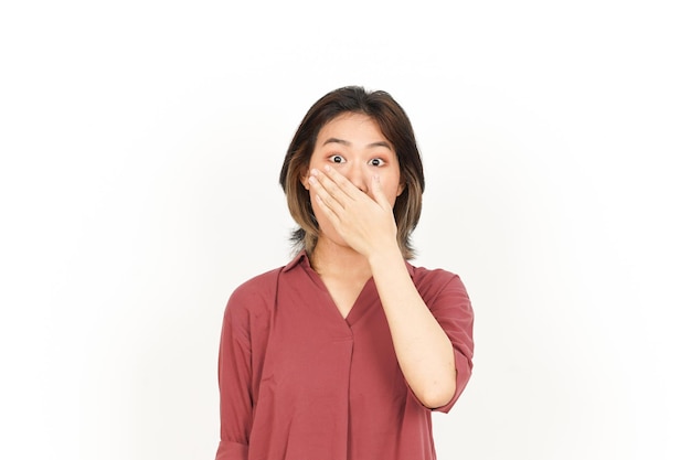 Covering Mouth and Shocked Face Of Beautiful Asian Woman Isolated On White Background