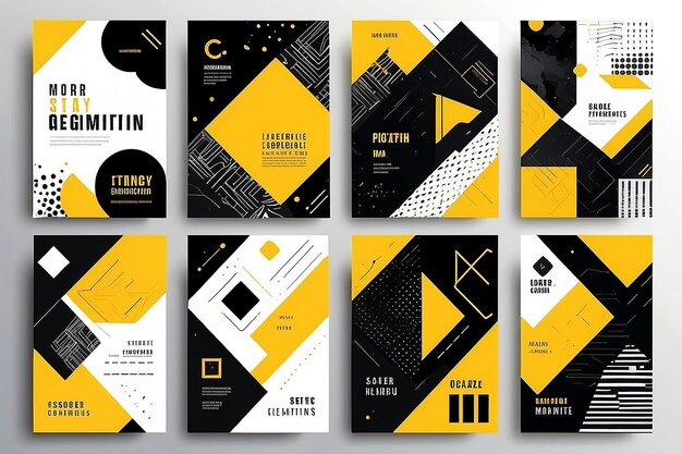 Photo covers templates set with trendy geometric patterns yellowblackwhite colors and memphis