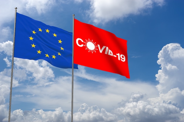 Covid-19 in Cloud background with European Union flag and icon. Coronavirus in European Union. 3D Rendering