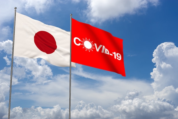 日本の国旗とアイコンと雲の背景にCovid-19。日本のコロナウイルス。 3Dレンダリング