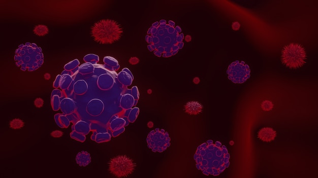 Covid 19, Coronavirus 2019-n, 부유 식 인플루엔자 바이러스 세포의 현미경 사진. 3d 렌더링.