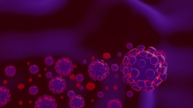 Covid 19, Coronavirus 2019-n, microscopisch beeld van zwevende influenzaviruscellen. 3D-weergave.