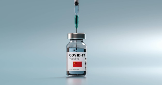 COVID-19 Coronavirus mRNA-vaccin en spuit met vlag van China op het etiket. Conceptafbeelding voor SARS cov 2-infectiepandemie