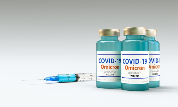 Covid-19 ommicron variant vaccin met spuit. 3D render