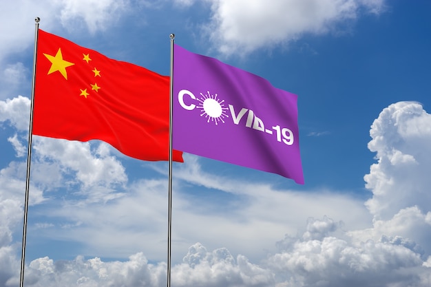 Covid-19 op wolkenachtergrond met de vlag en het pictogram van China. Coronavirus in China. 3D-rendering