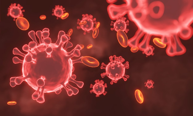 Covid-19 outbreak. Coronavirus outbreak and background as dangerous flu strain cases as a pandemic medical health risk concept with disease cells as a 3D render.