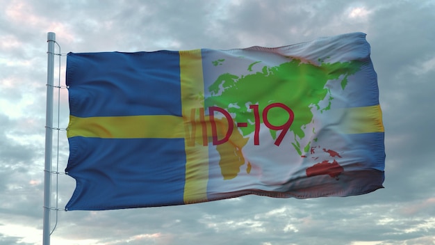 Covid-19 sign on the national flag of Sweden. Coronavirus concept. 3d rendering.