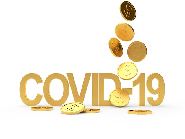 Covid-19 symbol and falling gold coins