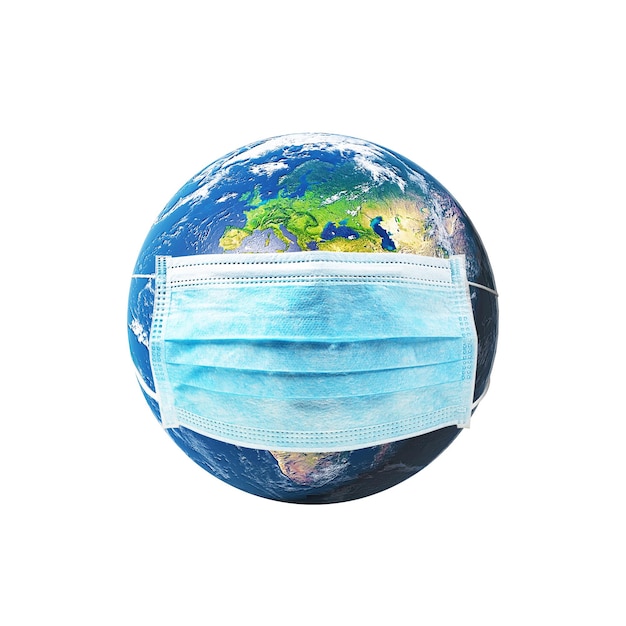 COVID-19, travel and safe world concept, globe in medical mask. Planet Earth with protect. Elements of image furnished by NASA. 3d illustration