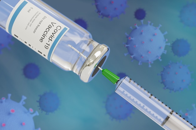 Covid -19 vaccin flacon en injectiespuit met virus.