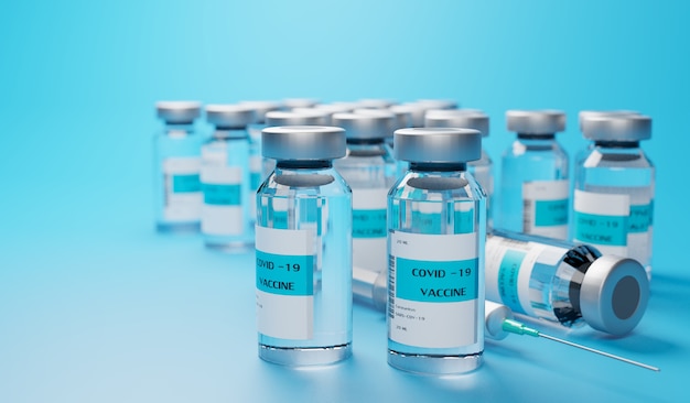 Photo covid 19 vaccine on blue background, 3d illustrations rendering