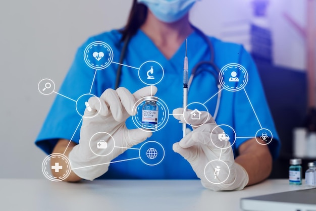 COVID-19 vaccine in researcher hands, female doctor holds syringe and bottle with vaccine for coronavirus cure with VR icon