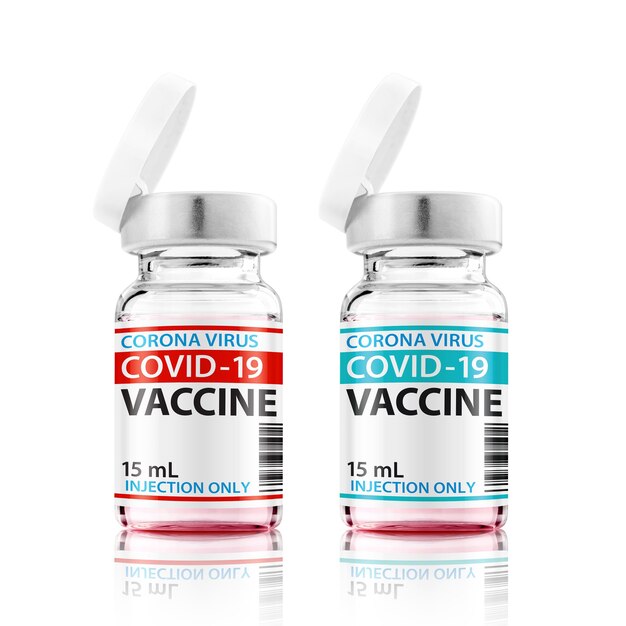 Foto covid-19 vaccins in flessen met verschilkleur geïsoleerd op een witte achtergrond klaar voor injectie