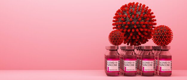 Covid-19 virus along with vaccines and medicines on pink background 3d rendering