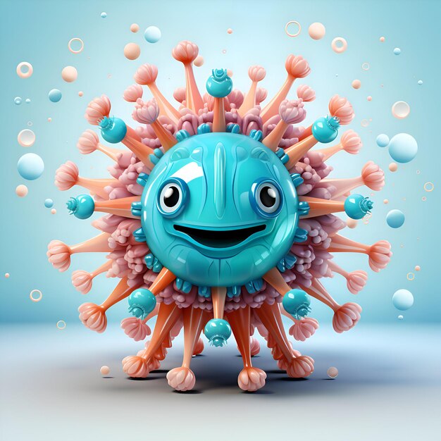 Foto covid-19 virus karakter op blauwe achtergrond 3d illustratie