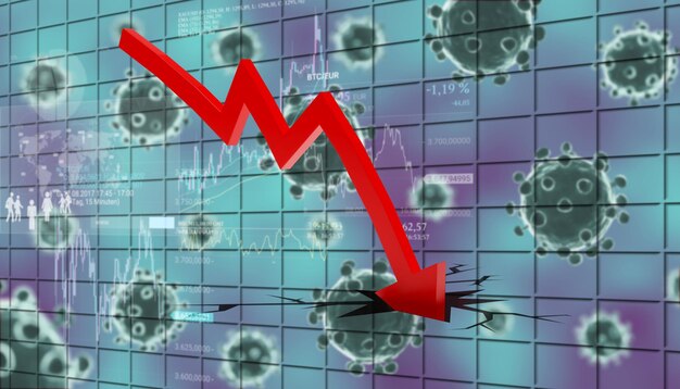 Crisi covid e crollo dei mercati, ricadute economiche. illustrazione 3d