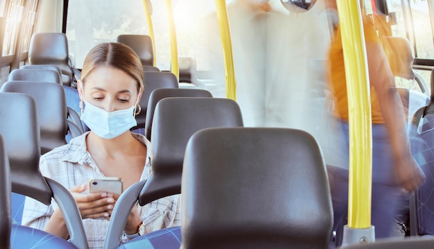 Covid phone and woman bus mask for travel protection from sickness in pandemic health crisis Global virus and girl passenger public commute safety for infection and illness prevention