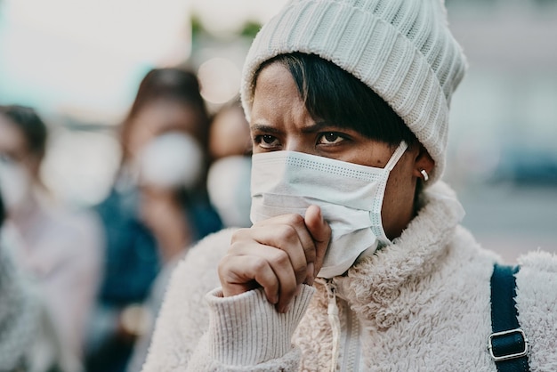 Covid sick and wearing a mask in public to be infection free Health wellness and tourist safety Crowd virus and flu protection for international or local travel and outdoors commute