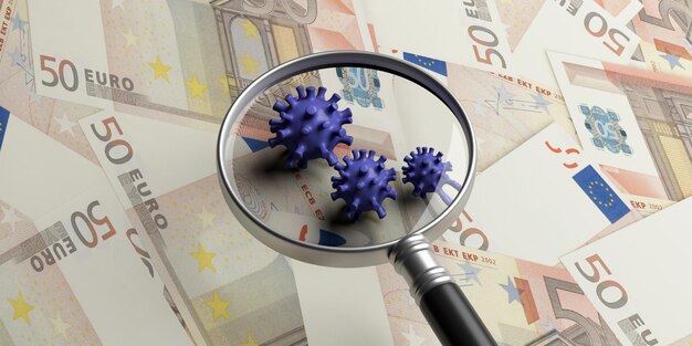 covid19 coronavirus infection medical magnifier on euro banknotes background 3d illustration