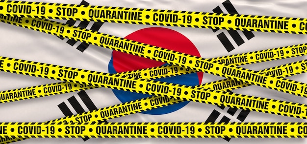 Covid19 coronavirus quarantainegebied in zuid-korea. zuid-koreaanse vlag achtergrond. 3d illustratie