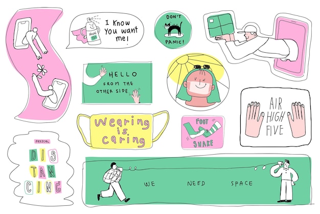 COVID19 new normal lifestyle png cute doodle sticker collection
