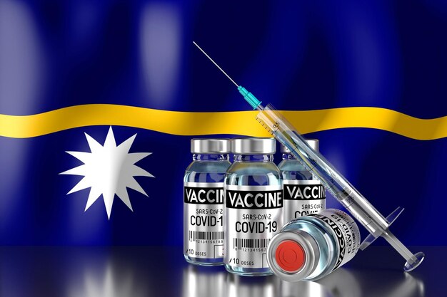 Foto covid19 sarscov2 coronavirus vaccinatieprogramma in nauru vier flesjes en spuit 3d illustratie