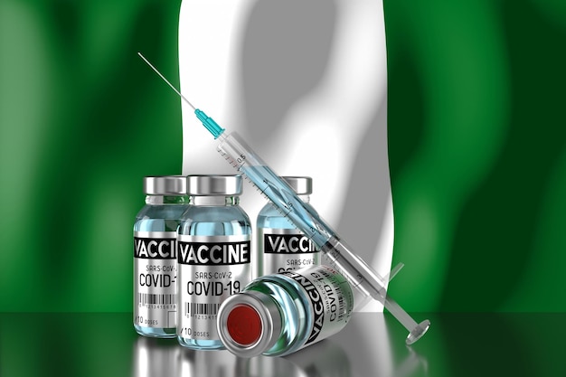 Foto covid19 sarscov2 coronavirus vaccinatieprogramma in nigeria vier injectieflacons en spuit 3d illustratie