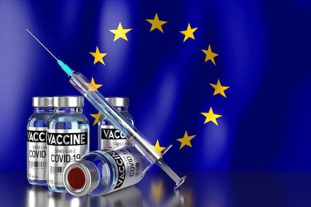 Foto programma di vaccinazione contro il coronavirus covid19 sarscov2 nell'unione europea quattro fiale e illustrazione 3d della siringa