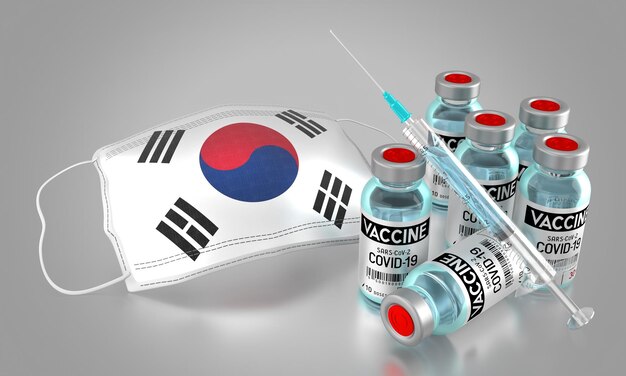 사진 한국의 코비드19 sarscov2 코로나바이러스 예방 접종 프로그램 안면 마스크 바이알 주사기 3d 일러스트레이션